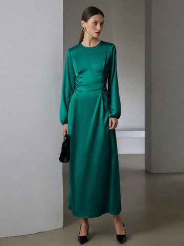 Elegant Commuting Design Collar Tie Waist Acetate Satin Long Sleeve Puff Sleeve Midi Dress