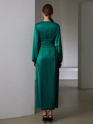 Elegant Commuting Design Collar Tie Waist Acetate Satin Long Sleeve Puff Sleeve Midi Dress