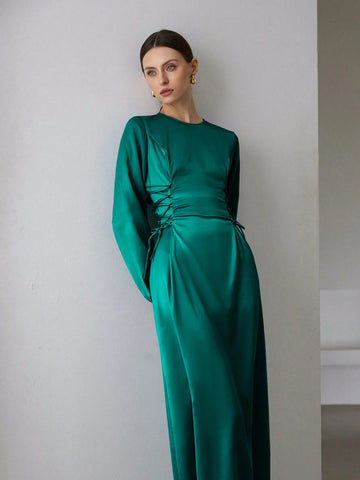 Elegant Commuting Design Collar Tie Waist Acetate Satin Long Sleeve Puff Sleeve Midi Dress