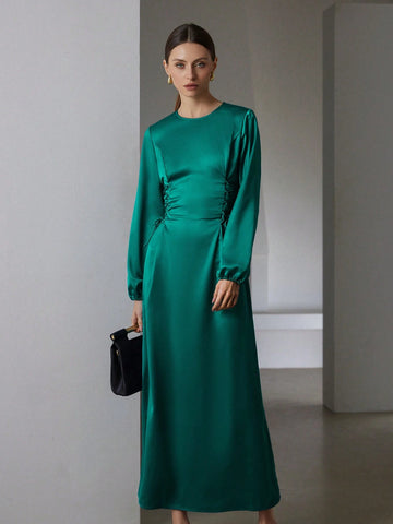 Elegant Commuting Design Collar Tie Waist Acetate Satin Long Sleeve Puff Sleeve Midi Dress