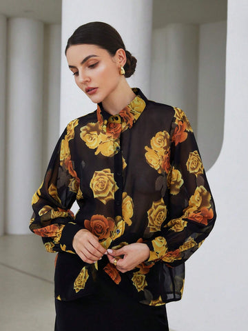 Modichic Elegant Dual-Tone Vintage Floral Print Semi-Sheer Long Sleeve Blouse With Lantern Sleeves
