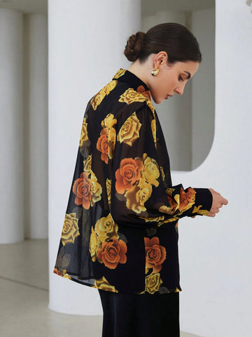 Modichic Elegant Dual-Tone Vintage Floral Print Semi-Sheer Long Sleeve Blouse With Lantern Sleeves