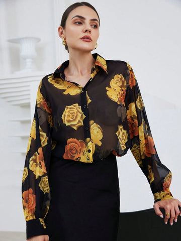 Modichic Elegant Dual-Tone Vintage Floral Print Semi-Sheer Long Sleeve Blouse With Lantern Sleeves