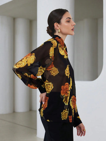 Modichic Elegant Dual-Tone Vintage Floral Print Semi-Sheer Long Sleeve Blouse With Lantern Sleeves