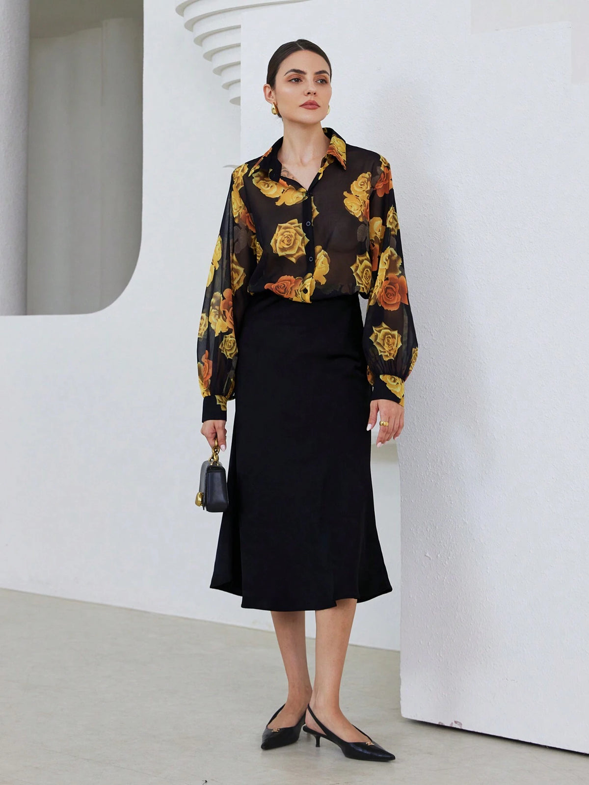 Modichic Elegant Dual-Tone Vintage Floral Print Semi-Sheer Long Sleeve Blouse With Lantern Sleeves