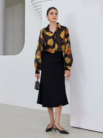 Modichic Elegant Dual-Tone Vintage Floral Print Semi-Sheer Long Sleeve Blouse With Lantern Sleeves