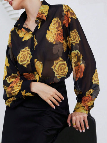 Modichic Elegant Dual-Tone Vintage Floral Print Semi-Sheer Long Sleeve Blouse With Lantern Sleeves