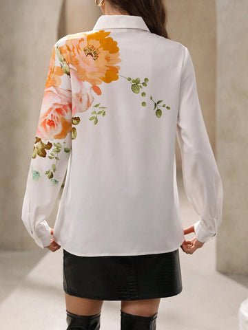 Modichic Elegant Floral Print Long Sleeve Blouse, Versatile Fashion Shirt