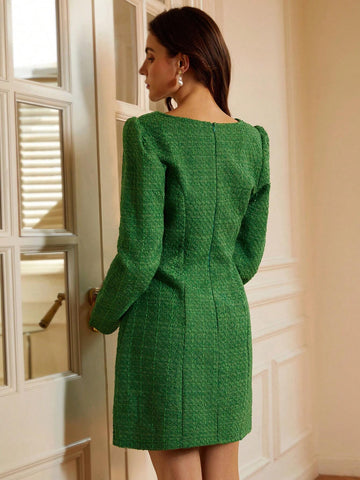 Elegant French Style Square Neck Bouclé Fabric Short Dress, Long Sleeve For Autumn