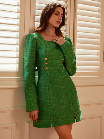 Elegant French Style Square Neck Bouclé Fabric Short Dress, Long Sleeve For Autumn