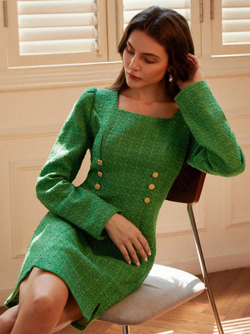 Elegant French Style Square Neck Bouclé Fabric Short Dress, Long Sleeve For Autumn