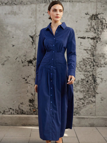Elegant Office Style Solid Color Pleated Design Waisted Shirt Dress Dress With Long Flared Hem