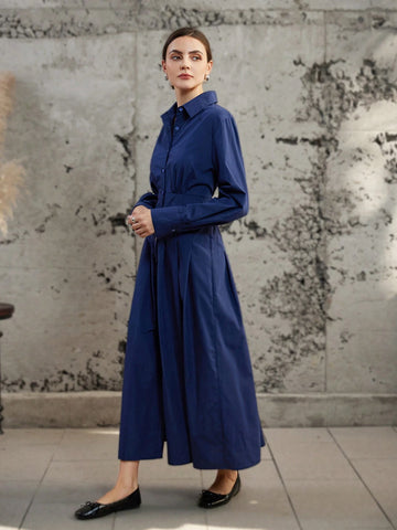 Elegant Office Style Solid Color Pleated Design Waisted Shirt Dress Dress With Long Flared Hem