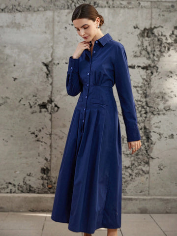Elegant Office Style Solid Color Pleated Design Waisted Shirt Dress Dress With Long Flared Hem