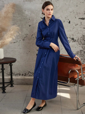 Elegant Office Style Solid Color Pleated Design Waisted Shirt Dress Dress With Long Flared Hem