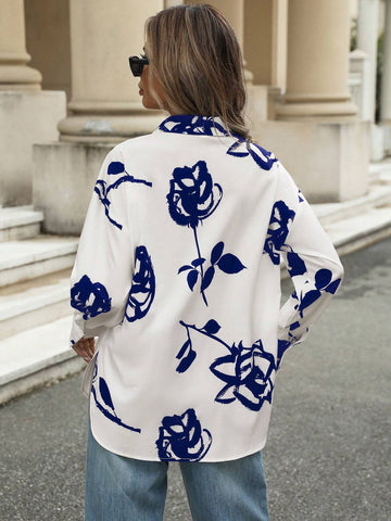 Elegant Portrait Style Fashion Random Brush Stroke Floral Rose Print Lapel Button Down Long Sleeve Shirt