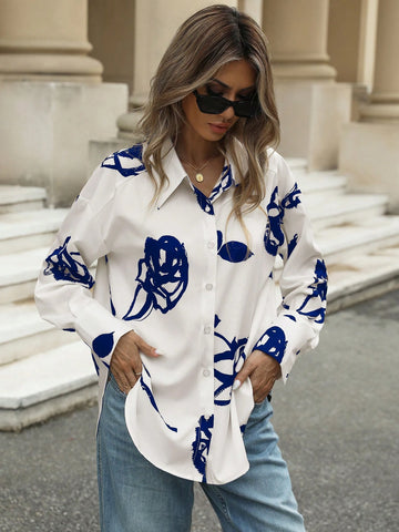 Elegant Portrait Style Fashion Random Brush Stroke Floral Rose Print Lapel Button Down Long Sleeve Shirt