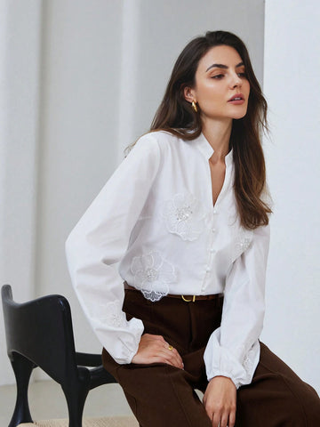 Modichic Elegant Pure Color V-Neck Button Up Lantern Sleeve Beaded Embellished 3D Flower Long Sleeve Blouse