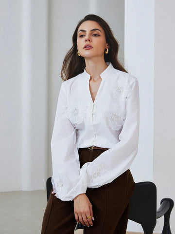 Modichic Elegant Pure Color V-Neck Button Up Lantern Sleeve Beaded Embellished 3D Flower Long Sleeve Blouse
