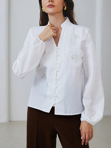 Modichic Elegant Pure Color V-Neck Button Up Lantern Sleeve Beaded Embellished 3D Flower Long Sleeve Blouse