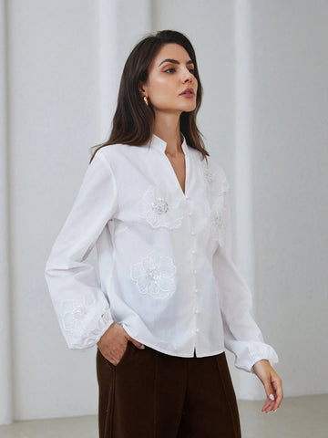 Modichic Elegant Pure Color V-Neck Button Up Lantern Sleeve Beaded Embellished 3D Flower Long Sleeve Blouse