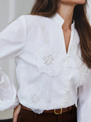 Modichic Elegant Pure Color V-Neck Button Up Lantern Sleeve Beaded Embellished 3D Flower Long Sleeve Blouse