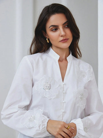 Modichic Elegant Pure Color V-Neck Button Up Lantern Sleeve Beaded Embellished 3D Flower Long Sleeve Blouse