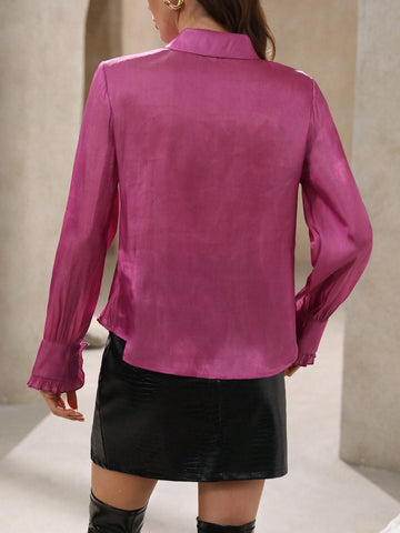 Modichic Elegant Ruffle Collar Translucent Texture Teacher Long Sleeve Button-Up Shirt