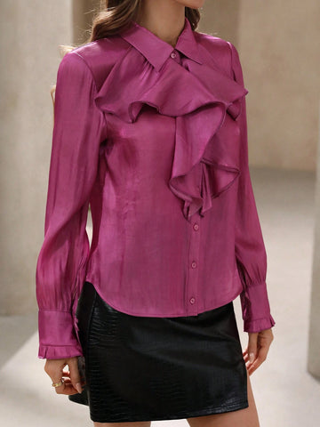 Modichic Elegant Ruffle Collar Translucent Texture Teacher Long Sleeve Button-Up Shirt