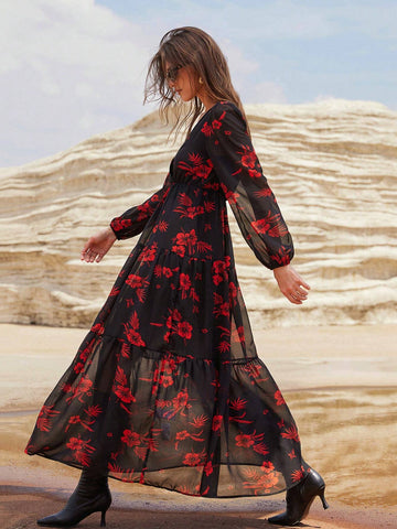 Elegant V-Neck Red Floral Print Chiffon Lantern Sleeve Waist Slimming Long Sleeve Dress, Black