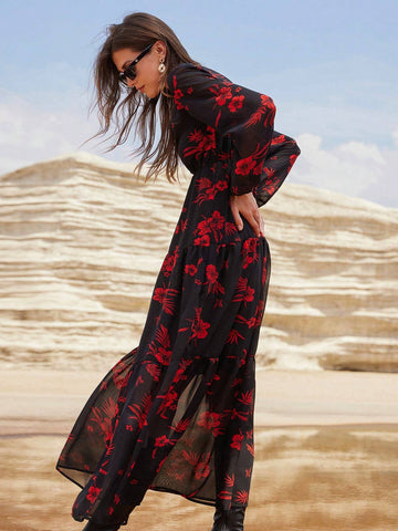 Elegant V-Neck Red Floral Print Chiffon Lantern Sleeve Waist Slimming Long Sleeve Dress, Black