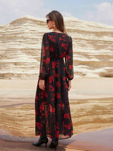 Elegant V-Neck Red Floral Print Chiffon Lantern Sleeve Waist Slimming Long Sleeve Dress, Black
