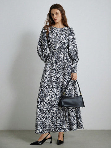 Elegant Vintage Gather Waist Exaggerated Puff Sleeve Long Sleeve Dress For Women