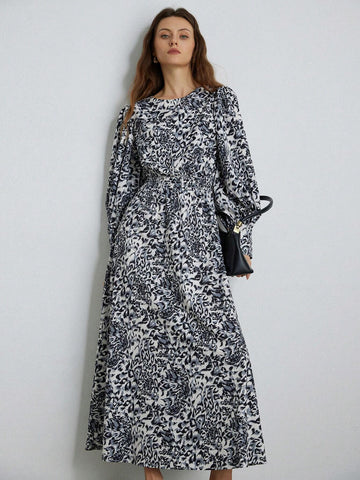 Elegant Vintage Gather Waist Exaggerated Puff Sleeve Long Sleeve Dress For Women