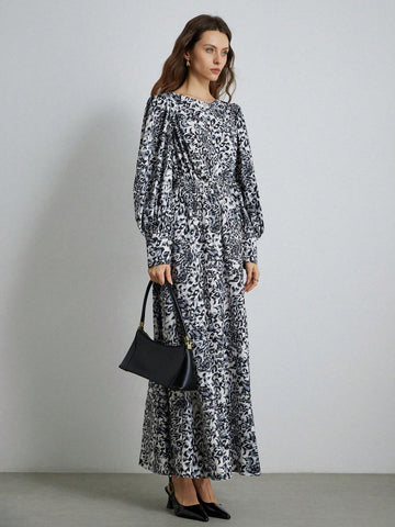 Elegant Vintage Gather Waist Exaggerated Puff Sleeve Long Sleeve Dress For Women