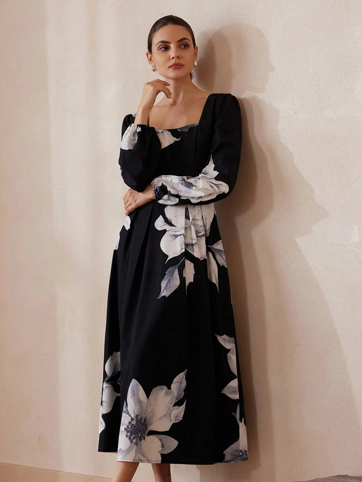 Modichic Fashion Big Floral Print Square Neck Puff Sleeve Midi Dress For Women