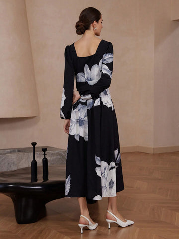 Modichic Fashion Big Floral Print Square Neck Puff Sleeve Midi Dress For Women