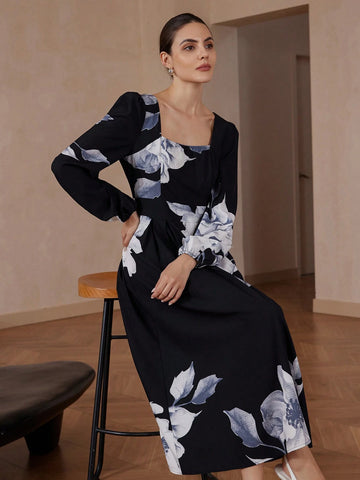 Modichic Fashion Big Floral Print Square Neck Puff Sleeve Midi Dress For Women