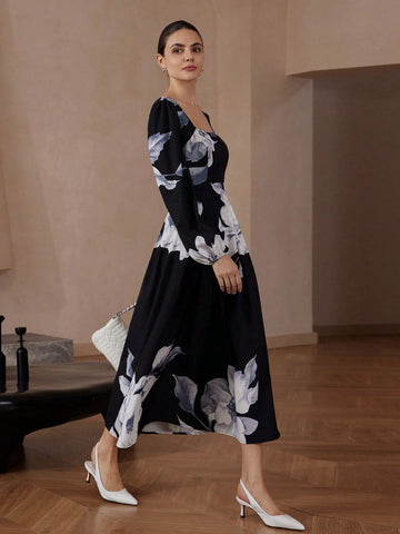 Modichic Fashion Big Floral Print Square Neck Puff Sleeve Midi Dress For Women