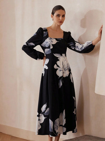 Modichic Fashion Big Floral Print Square Neck Puff Sleeve Midi Dress For Women