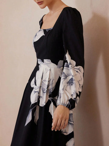 Modichic Fashion Big Floral Print Square Neck Puff Sleeve Midi Dress For Women