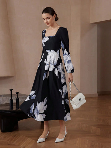 Modichic Fashion Big Floral Print Square Neck Puff Sleeve Midi Dress For Women