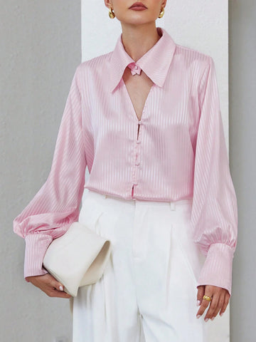 Modichic Fashionable Elegant Striped Satin-Feel Fabric Cutout Collar Long Sleeve Blouse