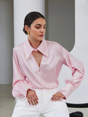 Modichic Fashionable Elegant Striped Satin-Feel Fabric Cutout Collar Long Sleeve Blouse