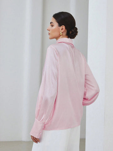 Modichic Fashionable Elegant Striped Satin-Feel Fabric Cutout Collar Long Sleeve Blouse