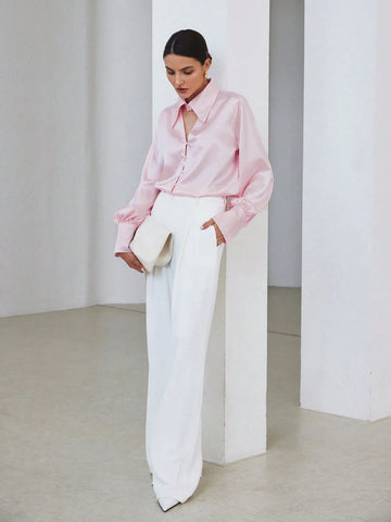 Modichic Fashionable Elegant Striped Satin-Feel Fabric Cutout Collar Long Sleeve Blouse