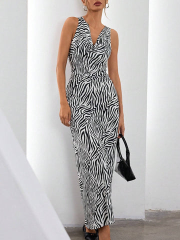 Fashionable French Elegant Scoop Neck Sleeveless Jacquard Curve Waist Dress For Women, Sem