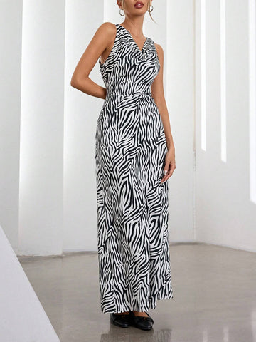 Fashionable French Elegant Scoop Neck Sleeveless Jacquard Curve Waist Dress For Women, Sem