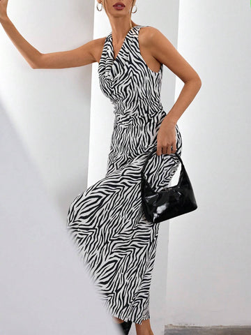 Fashionable French Elegant Scoop Neck Sleeveless Jacquard Curve Waist Dress For Women, Sem