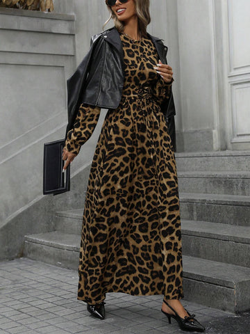 Fashionable Leopard Print Tie Waist Fitting Waist Slimming Round Neck Lantern Sleeve Long